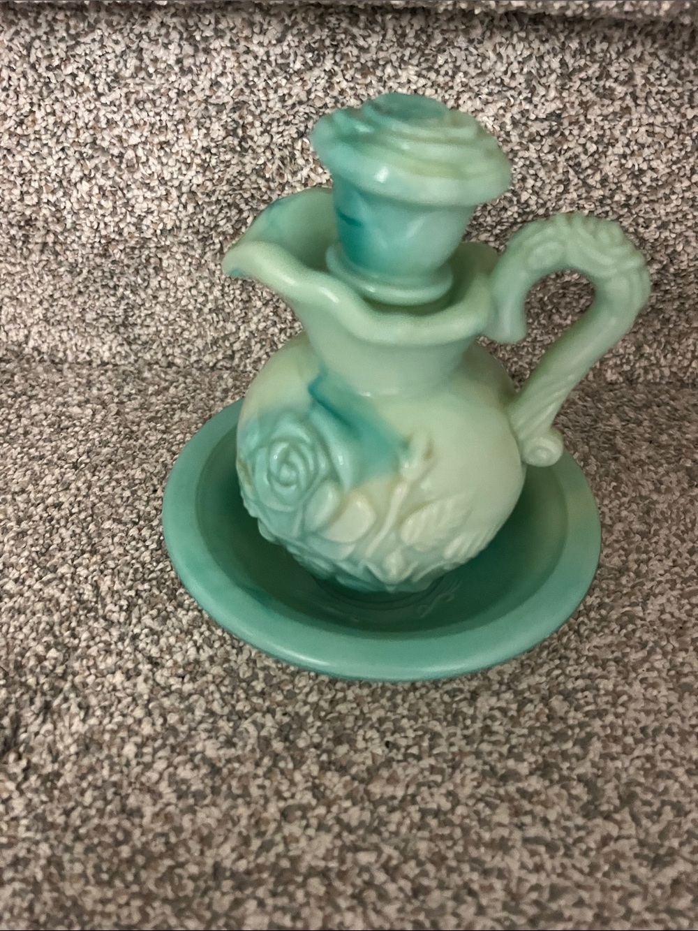 Rare Vintage Avon Green Glass Decanter Rose Motif Matching Plate